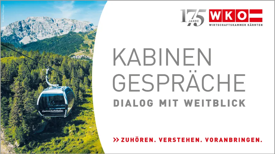 Symbolbild mit Titel und Untertitel der Veranstaltung sowie Bild mit Gondel und Bergen